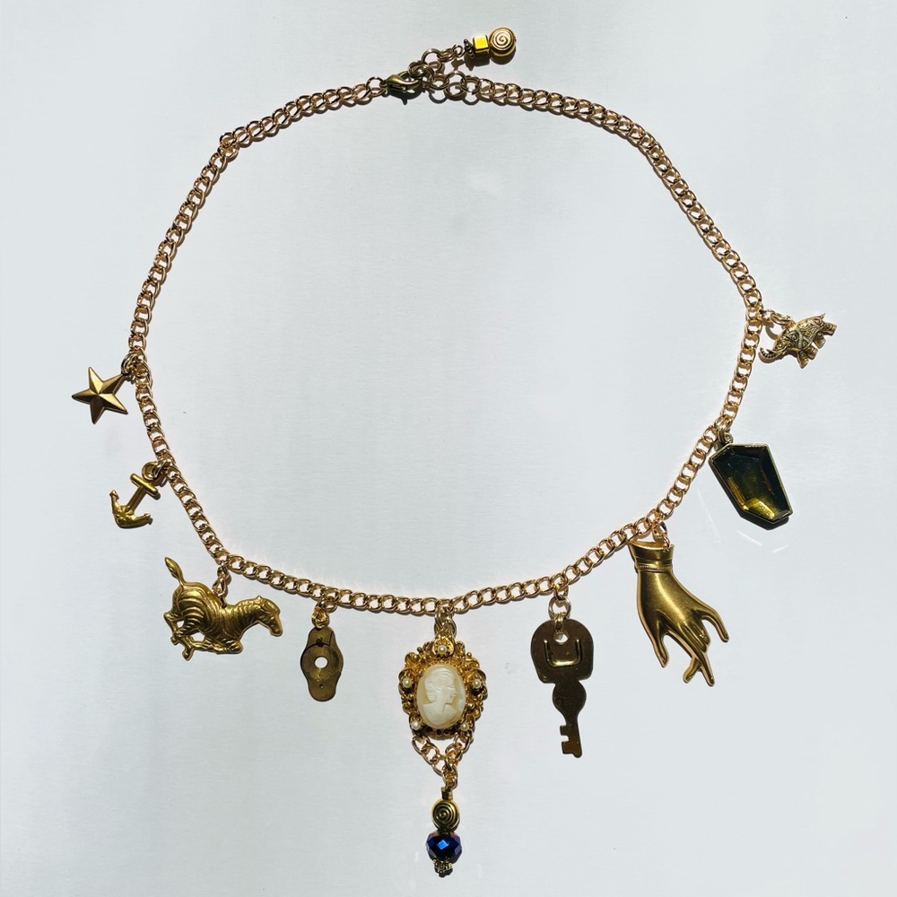 Gold Found Object Charm Necklace With Cameo